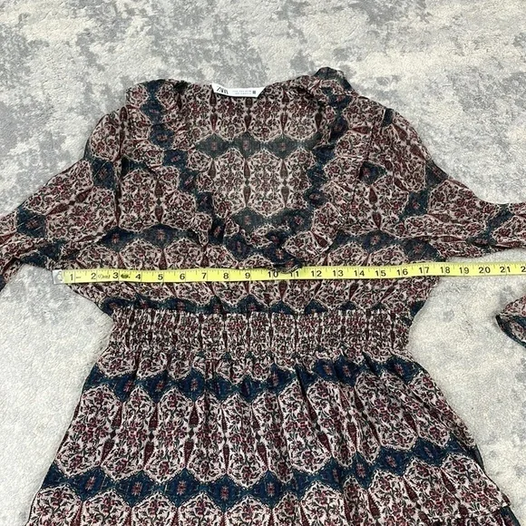 Zara V Neck Ruffle Trim Mini Dress Rust Geo Paisley Boho Cottagecore Sz S - Picture 11 of 14
